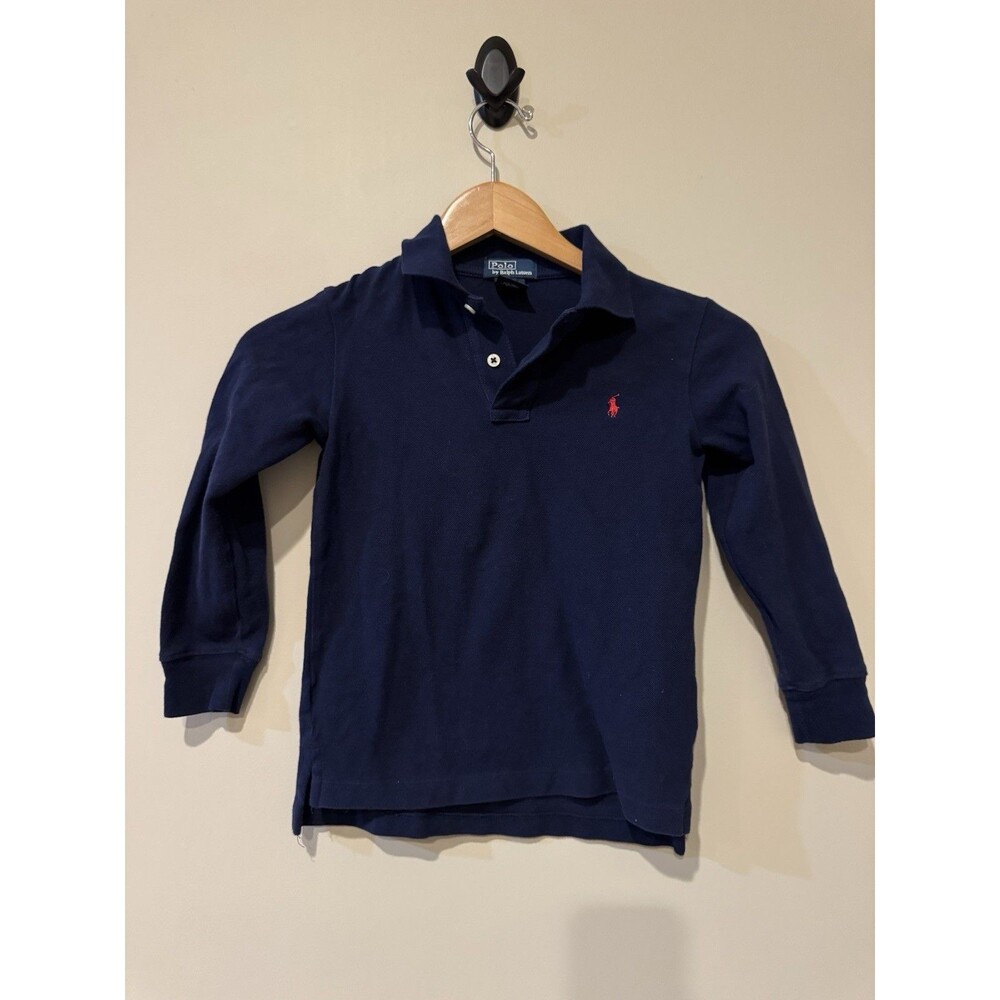 Polo Ralph Lauren Boys Size 6 Navy Long Sleeve Cotton Solid Logo Polo Shirt